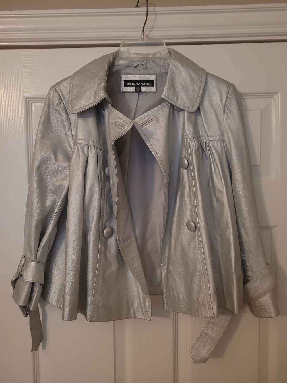 Silver Women's Double Breasted Genuine Leather Jacket, Women's M